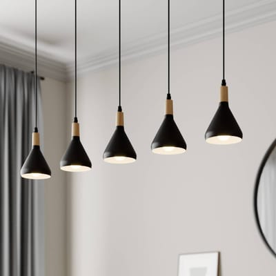 Lindby - hanglamp - 5lichts - Metaal, hout - H: 17 cm - E14 - zwart, licht hout