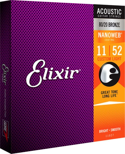 Elixir 11027 Akoestische 80/20 Bronze 11-52 Custom Light Nanoweb Coating