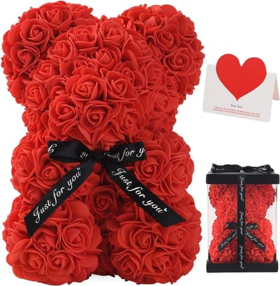 KZQ Rozenbeer - Een levensechte rozenbeer van 25 cm, perfect als huwelijks-, Moederdag- of jubileumcadeau, inclusief een transparante geschenkdoos (rood).