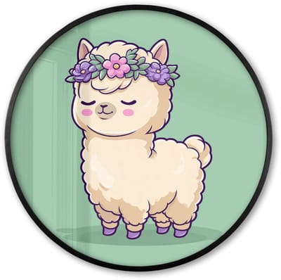Poster in lijst Rond - Fotolijst 60x60 cm - Posters - Alpaca - Groen - Bloemendiadeem - Ronde posterlijst zwart - Decoratie - Wanddecoratie woonkamer - Muurdecoratie slaapkamer