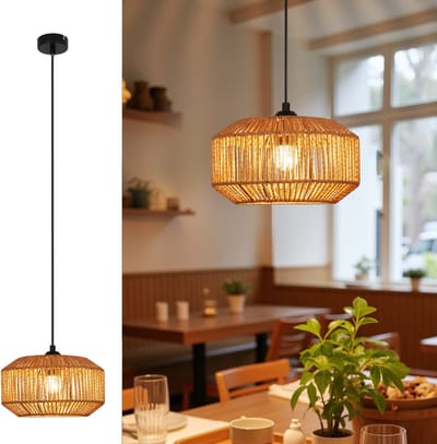 NETTLIFE Hanglamp Rotan - E27 Fitting - Korte Lantaarn Design - 1-Lichts - Vintage - Hennep Touw Eettafellamp - voor Eetkamer | Slaapkamer | Woonkamer | Hal - Max.40W-excl. lichtbron