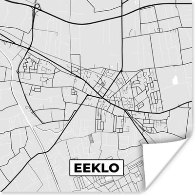 Poster Zwart Wit – België – Plattegrond – Stadskaart – Kaart – Eeklo - 100x100 cm XXL