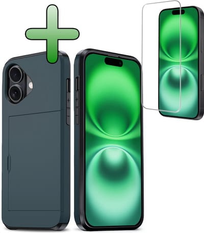 Hoes Geschikt voor iPhone 16 Hoesje Hard Case Met Pas Houder Met Screenprotector - Hoesje Geschikt voor iPhone 16 Hoes Shockproof Hard Cover Met Kaarthouder - Donkerblauw