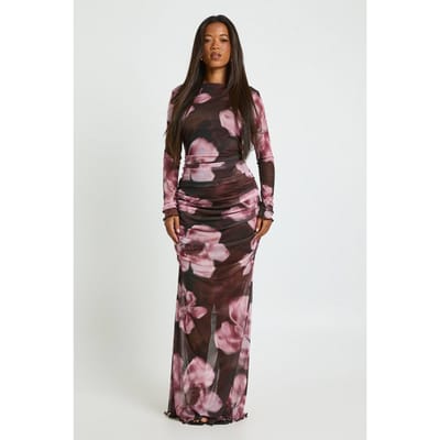 boohoo Dames Gebloemde Geplooide Mesh Maxi Jurk | Chocoladebruin | Maat: 36
