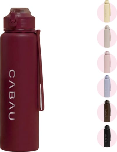 Cabau – Bloom Waterfles Staal – 870 ml – Cherry – Roestvrijstalen Drinkfles met Rietje – BPA-vrij & Lekvrij – Thermosfles voor Sporten, Werk en Onderweg