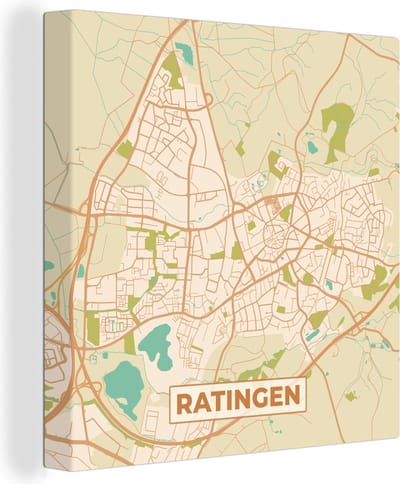 Canvas Schilderij Plattegrond - Ratingen - Vintage - Kaart - Stadskaart - 20x20 cm - Wanddecoratie