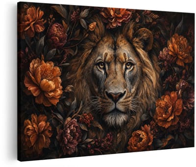 Artaza Canvas Schilderij Leeuw Met Bloemen - Donkere Natuur Kunst - 120x80 cm - Groot - Wanddecoratie Woonkamer - Schilderijen - Muurdecoratie