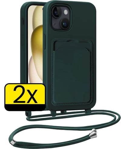 Hoesje Geschikt voor iPhone 15 Plus Telefoonhoesje Met Koord Case Pashouder Siliconen - Hoes Geschikt voor iPhone 15 Plus Hoesje Met Kaarthouder - Donkergroen - 2 Stuks