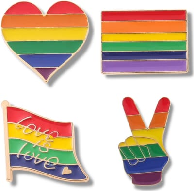 Regenboog Pride Pins – Set van 4 | Inclusief Regenbooghart, Regenboogvlag, Love-is-Love Vlag & Peace-Hand