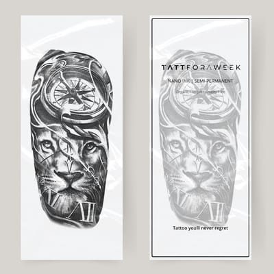 Nep tattoo sleeve leeuw en klok | Neptattoo volwassenen | Tijdelijke tattoo voor volwassenen | Temporary tattoo | Plaktattoos voor volwassenen | Neptattoos | Probeer zorgeloos een tattoo | tattforaweek