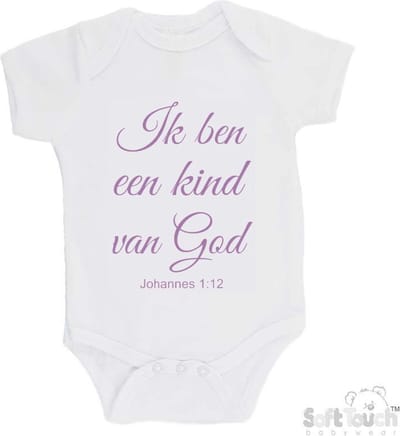 100% katoenen Romper "Ik ben een kind van God Johannes 1:12" Meisjes Katoen Wit/lila Maat 56/62