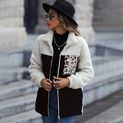 Herfst en Winter Casual Pluche Dames Lange Mouw Losse Ronde Hals Splicing Rits Luipaardprint Dubbelzijdig Velours Jas XL