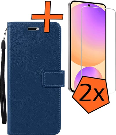 Hoes - Met 2x Screenprotector - Geschikt voor Samsung Galaxy S24 FE - Luxe Pasjeshouder - Bookcase Portemonee - Flip Case - Kunstleer Book Case - Flipcase Hoes - Book Cover - Walletcase - PortemonneeHoes - Donkerblauw