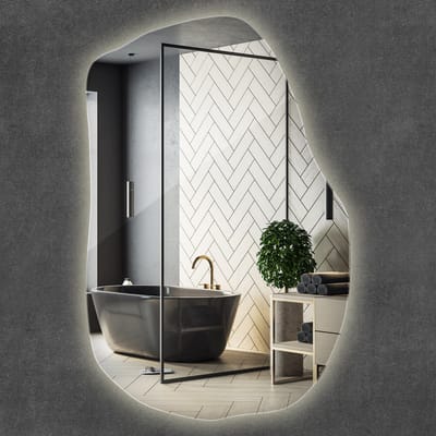 Wallfluent LED Spiegel - Onregelmatige Spiegel Met Verlichting - 70 cm x 45,5 cm - Make-up Spiegel - Verlichte Wandspiegel - Neutraal Wit 4000K - Inloopkastspiegel – Badkamerspiegel - Toiletspiegel - Inclusief montageset - Wandmontage