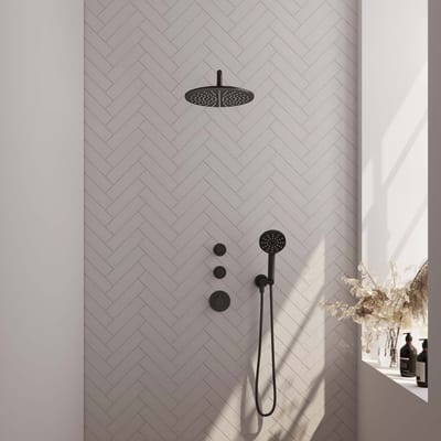 Brauer Black Edition thermostatische inbouw regendouche SET 10 met 30 cm douchekop en gebogen muurarm en 3-standen handdouche en doucheslang en wandaansluitbocht mat zwart