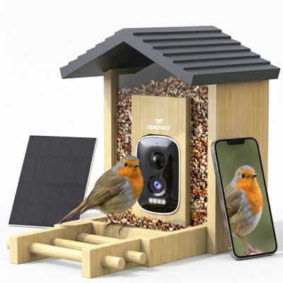 Tensfact Vogelvoederhuisje met Camera – Vogelhuisje met AI Vogelherkenning - Wildcamera - Wifi Camera Nachtzicht & Audio - Zonnepaneel - Duurzaam Bamboe Hout