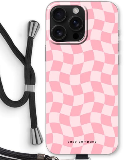 Case Company® - Hoesje met koord geschikt voor iPhone 16 Pro Max hoesje met Koord - Grid Roos - Telefoonhoesje met Zwart Koord - Bescherming aan alle Kanten en Over de Schermrand