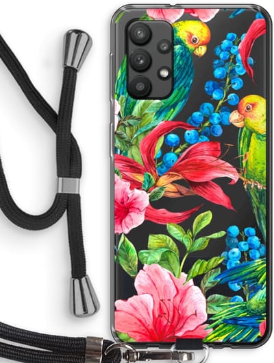 Case Company® - Hoesje met koord geschikt voor Samsung Galaxy A32 4G hoesje met Koord - Papegaaien - Telefoonhoesje met Zwart Koord - Bescherming aan alle Kanten en Over de Schermrand