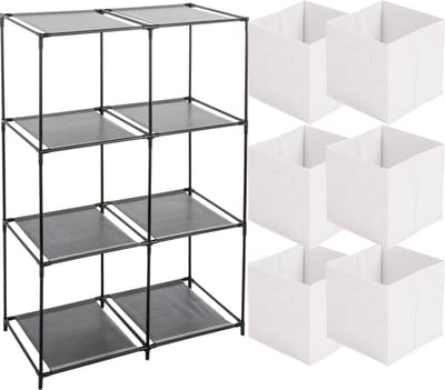 5Five Kastmandjes/opberg manden - wit - 6x stuks van 29L - Metalen rekje is 68 x 98 cm