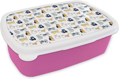 Broodtrommel Roze - Lunchbox - Brooddoos - Patroon - Kat - Poes - Jongens - Meisjes - Kinderen - Kindje - 18x12x6 cm - Kinderen - Meisje