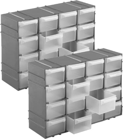 2x stuks ophangbare grijze gereedschap assortimentsdozen/sorteerdozen met 16 vakken 15 x 22 x 7 cm