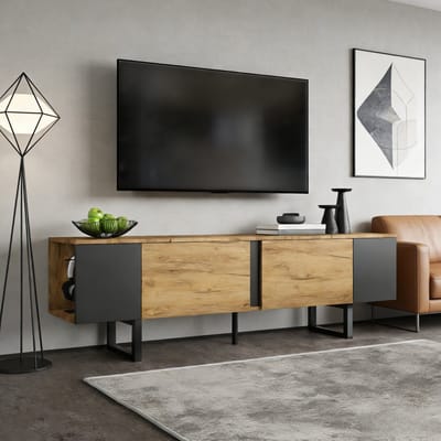 PHOEBE CAT TV-meubel - 2 deuren - Open planken - Geschikt voor een 75-inch TV - 180 x 40 x 55 cm - Naturel + Zwart