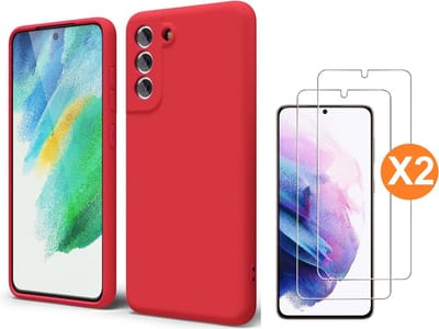 Hoesje Geschikt Voor Samsung Galaxy S21 FE Hoesje siliconen Rood zacht siliconen hoesje TPU backcover - Met Screenprotector - 2 stuks