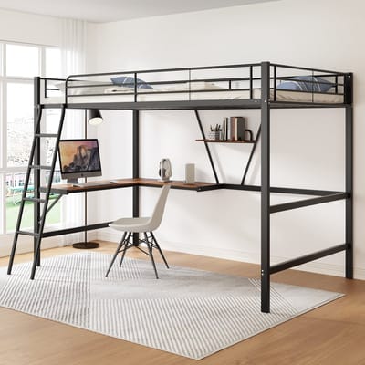 Metalen hoogbed met L-vormig bureau en opbergrek - Voor student en tiener 90x200 cm - Zwart - Rondom valbeveiliging - Inclusief lattenbodem en ladder
