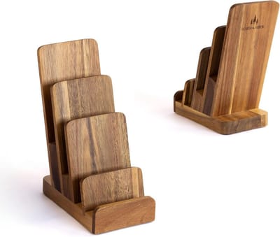 Brochure Houder - 4-Tier Acacia Hout Brochure Display Stand - Waterdichte Literatuur Houder w/Antislip Base - Handgemaakte Flyer Houder voor 30 Brochures & 30-40 Visitekaartjes - 7.9" X 6.5" X 3.5"