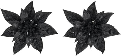 Cosy & Trendy Decoratie bloem - 2x stuks - kerstster - op clip - zwart - glitter -15 cm - kunststof - kerstversiering