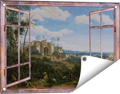 Gards Tuinposter Doorkijk Gezicht op Olinda, Brazilië - Frans Jansz. Post - 60x40 cm - Tuindoek - Tuindecoratie - Wanddecoratie buiten - Tuinschilderij