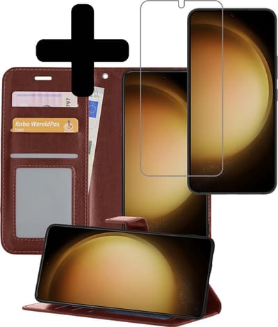 Hoesje - Met Screenprotector - Geschikt voor Samsung Galaxy S23 Plus - Luxe Pasjeshouder - Bookcase Portemonee - Flip Case - Kunstleer Book Case - Flipcase - Book Cover - Walletcase - Portemonneehoes - Telefoonhoesjes - Bruin