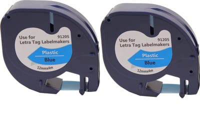 KATRIZ® huismerk label tape voor Dymo 91205 | DYMO LETRATAG LetraTag 100H/LetraTag 100T/LetraTag 2000/LetraTag QX54 | Zwart op Blauw | 12mm*4m | 2 stuks
