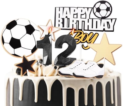 Solidchoice - 12e verjaardagskaarsen, zwart nummer 12 gelukkige verjaardagskaarsen, jongens hij voetbal taarttopper decoraties voor 12-jarige verjaardagsfeestje voetbalthema verjaardag viering levering zwart