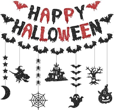 SnelShoppen - Glanzende Halloween Banner, Zwart en Rood Garland, Papieren Borden, Vleermuis Garland, Hangende Versieringen, Creepy Decoraties voor Fee