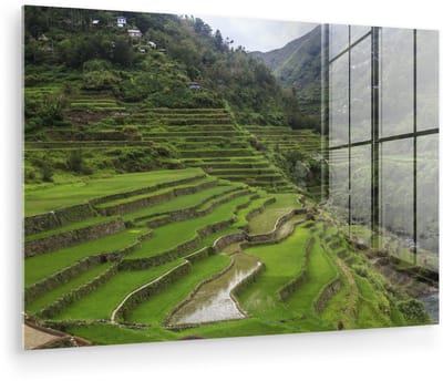 ® Glasschilderij 180x120 cm - Schilderij acrylglas - De Rijstterrassen van Banaue in de Filipijnen - Foto op glas - Muurdecoratie woonkamer - Wanddecoratie slaapkamer - Schilderijen