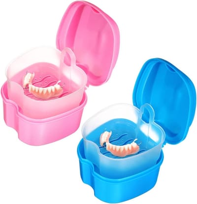Tandendoos Kunstgebit - Opbergkoffer Houder - Veilig Opbergen - Met Transparante Bak - 2 Stuks 9cm - Blauw Roze