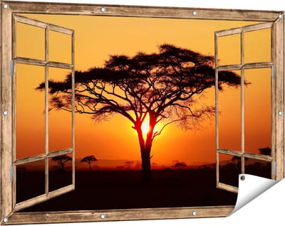 Gards Tuinposter Doorkijk Zonsondergang Achter een Savanne Boom - 120x80 cm - Tuindoek - Tuindecoratie - Wanddecoratie buiten - Tuinschilderij