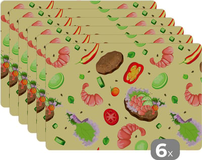 Placemat - Placemats kunststof - Patroon - Eten - Groente - 45x30 cm - 6 stuks - Hittebestendig - Anti-Slip - Onderlegger - Afneembaar