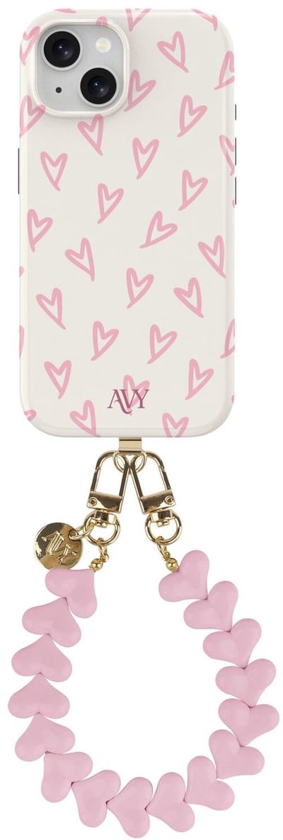 AVY Hoesje Met Telefoonkoord | Geschikt voor Apple iPhone 15 | Compatibel met MagSafe | Hard Shell Back Cover | Stijlvol Bijpassend Koord 30CM | Cupid Hearts | Roze