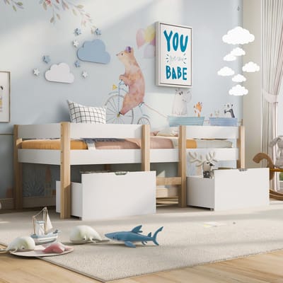 Wishdor Halfhoog Kinderbed 90x190 cm – Met 2 Lades & Uitvalbeveiliging – Scandinavisch Wit – Compact & Opgeruimd