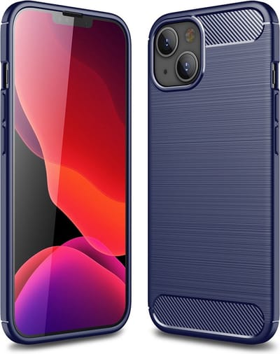 MobyDefend Hoesje - Geschikt voor iPhone 13 - TPU Backcover - Geborstelde Metaal & Carbon-Look - Navy Blauw