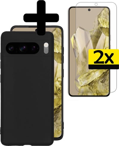 Hoesje - Met 2x Screenprotector - Geschikt voor Google Pixel 8 Pro - Sterk & Shockproof - Back Cover - Siliconen Case - Telefoon Hoes - Telefoonhoesjes - Zwart