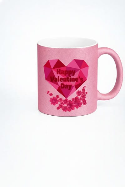 Roze Glitter Valentijnsdag Mok met Geometrisch Hart en Happy Valentine's Day Tekst - Romantisch Cadeau