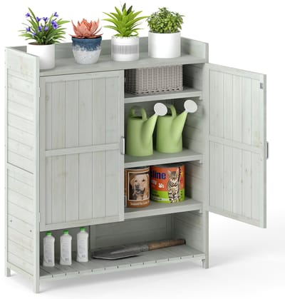 COSTWAY Plantentafel met onderkast, tuinkast met werkblad, afneembare planken en 2 deuren, kast outdoor, weerbestendig, tuinwerktafel, hout, voor tuin, terras, balkon, grijs