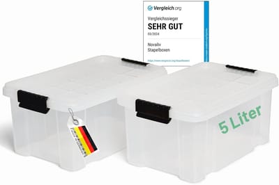 Novaliv 2x opbergdozen met deksel 5L transparant nestbaar stapelbaar opbergdozen met clipsluiting kunststof BPA-vrij 30 x 19 x 14 cm