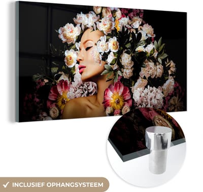 MuchoWow® Glasschilderij 40x20 cm - Schilderij acrylglas - Vrouwen - Bloemen - Rozen - Portret - Foto op glas - Schilderijen