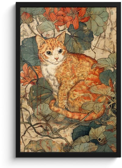Poster in lijst - Fotolijst 40x60 cm - Posters - Kat - Sierlijk - Bloemen - Posterlijst zwart - Decoratie - Wanddecoratie woonkamer - Muurdecoratie slaapkamer