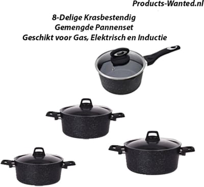 8-Delige Krasbestendig Gemengde Pannenset Geschikt voor Gas, Halogeen, Elektrisch en Inductie