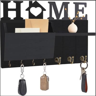 PromoHome Houten Sleutelplank met 6 Haken - Vintage Wandsleutelhouder Organizer voor Woonkamer en Studiekamer - Zwarte Houten Sleutelrek met Brievenbus Design